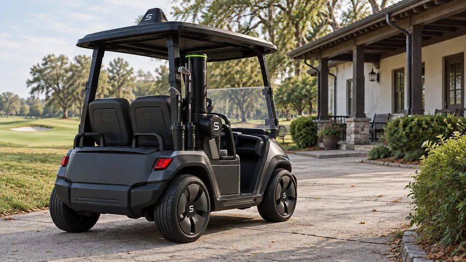 Rear view of the SpinGolf cart concept overlooking a fairway