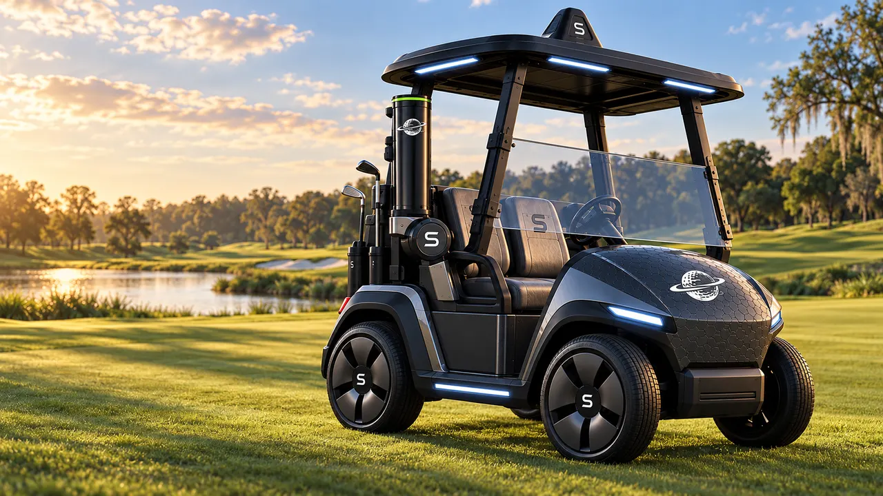 Graphite two-seat SpinGolf cart concept parked on a golden-hour fairway beside a pond