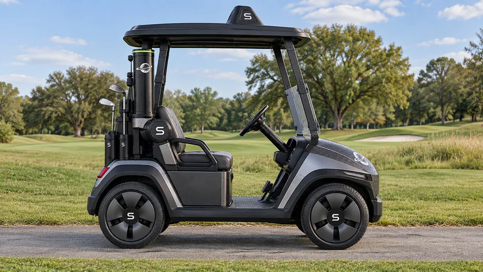 Side profile of the graphite SpinGolf cart concept with the Equalizer stowed behind the passenger seat