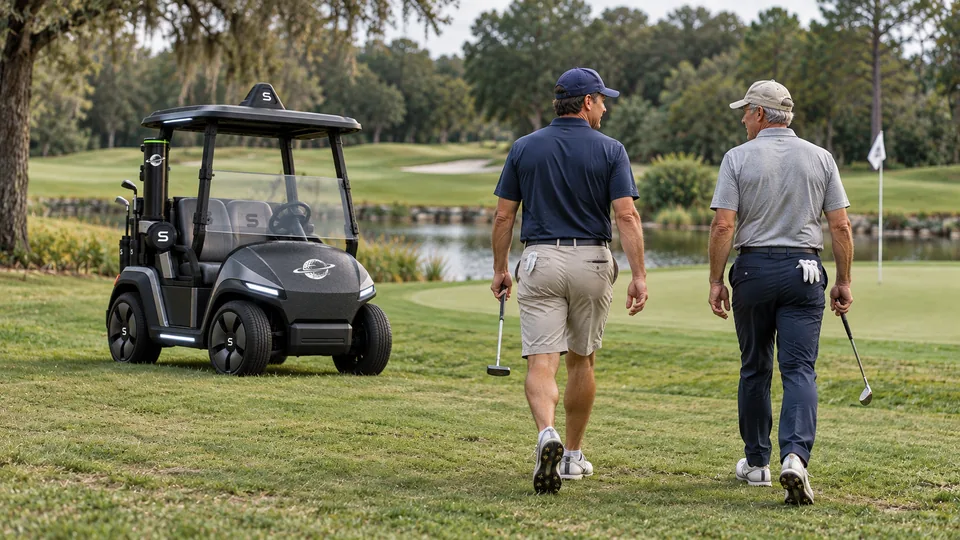 Concept illustration of two players walking toward a green beside a SpinGolf cart