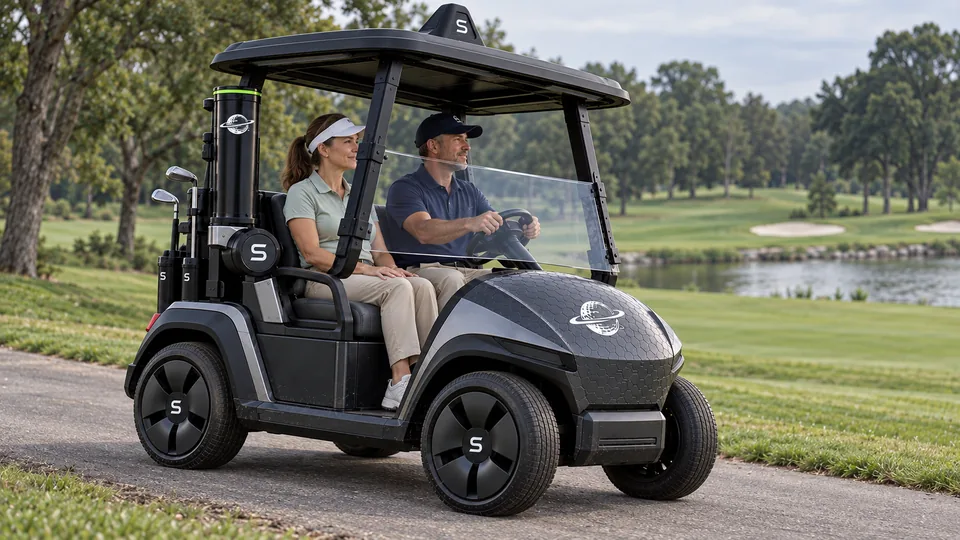 Two adults seated in the parked SpinGolf cart concept, the driver at the wheel and the passenger beside the Equalizer