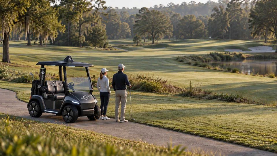 SpinGolf cart concept on a broad green fairway in soft daylight